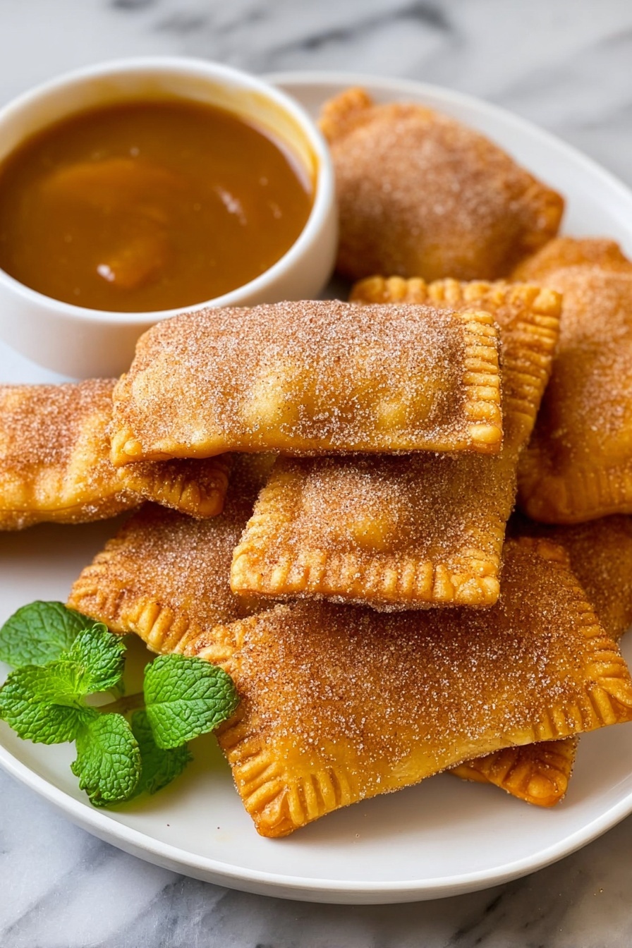 Two folded apple-filled pastries stacked on a white plate, with the top pastry showing its golden brown crust covered in a fine layer of cinnamon sugar. Inside, soft apple chunks coated in a thick cinnamon sauce peek out, creating a shiny texture. A fresh green mint leaf sits next to the pastries on the plate. The white plate is placed on a white marbled surface, with a blurred striped cloth and a green apple in the background. Photo taken with an iphone --ar 2:3 --v 7