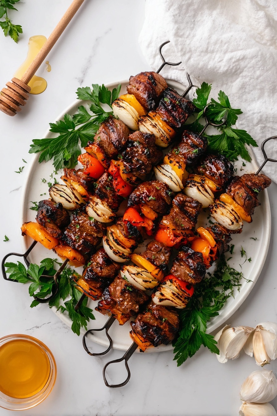 A white plate sits on a white marbled surface, filled with grilled skewers pieces featuring three layers: the base is a bed of fresh, green leafy arugula, on top are cooked onion slices that are light brown with slight char marks, and the last layer includes browned, grilled chicken pieces that have dark grill marks along with red and yellow bell pepper chunks showing slight charring, adding color contrast. In the background, another white plate holds more skewers with similar ingredients and a small bunch of green parsley on the side. Black chopsticks lie across the surface near the front, and a black fork rests on the plate. photo taken with an iphone --ar 2:3 --v 7