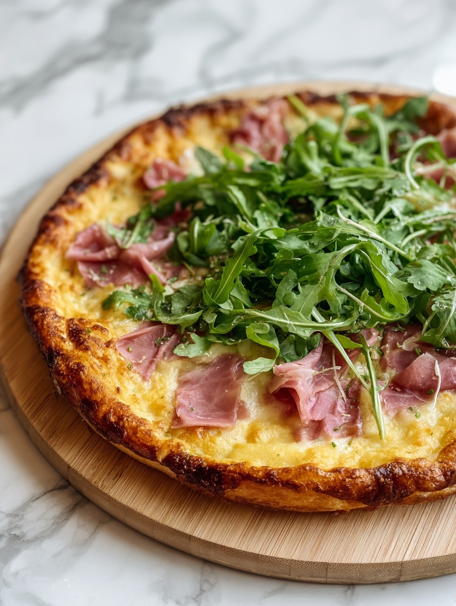 A close-up of a sliced pizza on a wooden board, with a woman's hand holding one of the triangular slices from the edge. The pizza has one layer of golden-brown crust, a thin layer of melted light yellow cheese, thin slices of pink cured meat beneath a layer of bright green fresh arugula leaves spread across the top. The wooden board showing cut marks contrasts with the white marbled surface underneath. Photo taken with an iphone --ar 2:3 --v 7