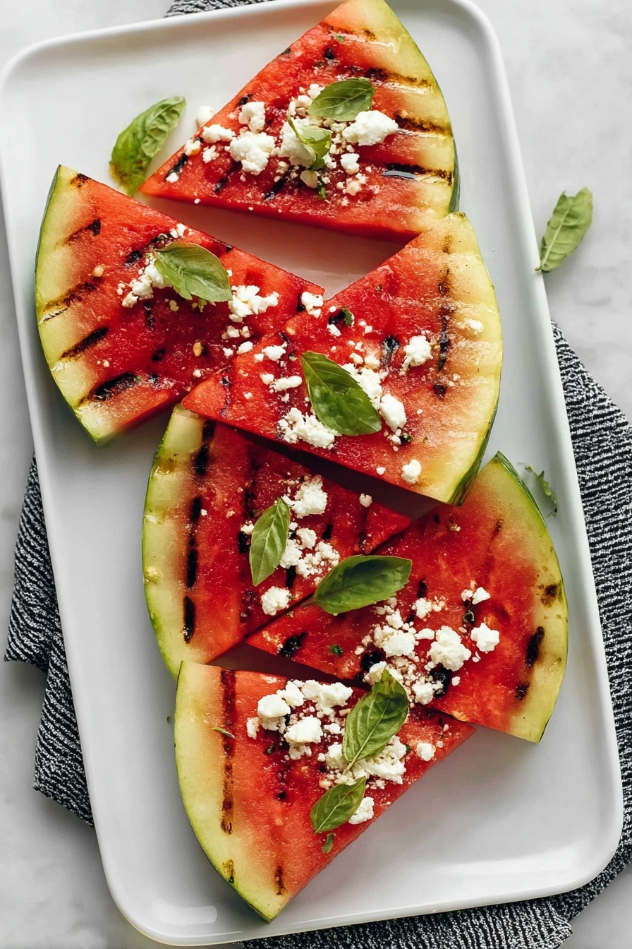The image shows five large grilled watermelon slices arranged in a white rectangular tray on a white marbled surface. Each slice has visible dark grill marks and a thick green rind with a yellowish inner edge. The bright red flesh of the watermelon is topped with small crumbs of white cheese and scattered fresh green basil leaves, adding texture and color contrast. A striped cloth napkin is placed to the side of the tray. photo taken with an iphone --ar 2:3 --v 7