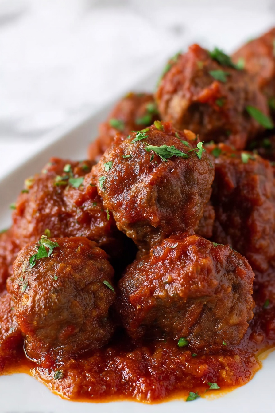 A close-up view of a pile of brown meatballs covered in thick, reddish tomato sauce with small bits of herbs sprinkled on top. The meatballs are placed on a white rectangular plate sitting on a white marbled surface. The sauce is spread around the meatballs with some pooling on the plate’s edges, and the green herbs add a light contrast to the warm colors of the dish. photo taken with an iphone --ar 2:3 --v 7
