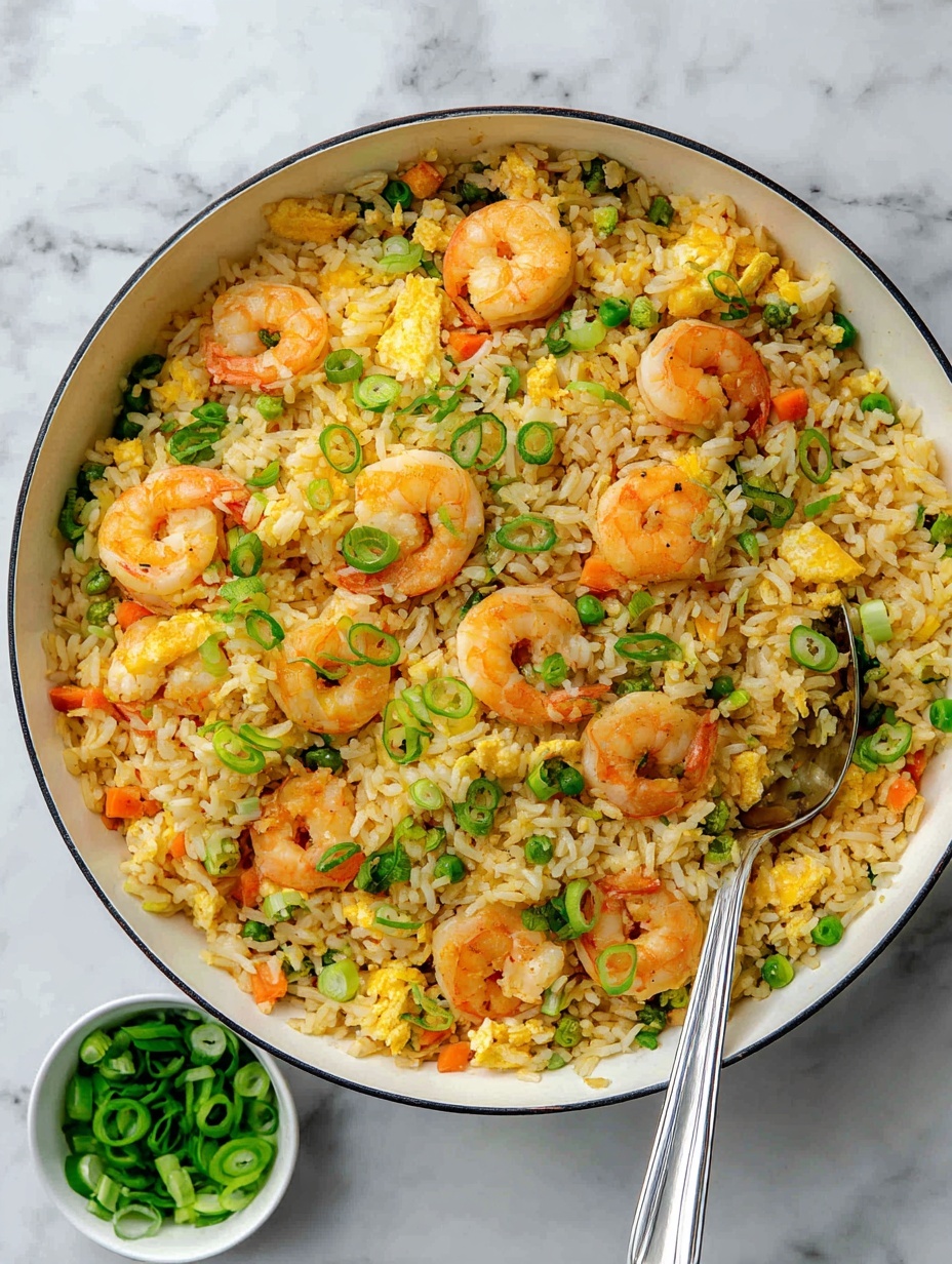 A large silver pan holds a shrimp fried rice, with one layer full of light orange cooked shrimp spread over a bed of yellowish rice mixed with green peas, finely chopped orange carrots, and small bits of scrambled eggs. The dish is sprinkled with chopped green onions on top, adding a fresh green color. A silver spoon rests inside the pan. Next to the pan on the white marbled surface is a small white bowl filled with sliced green onions. photo taken with an iphone --ar 2:3 --v 7