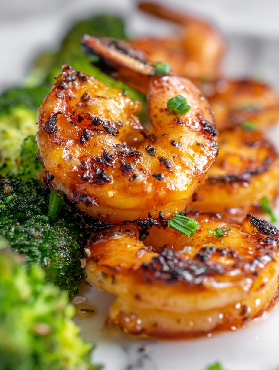 The image shows a close-up of a dish with grilled shrimp and broccoli. There are about three layers visible: the first layer has bright green broccoli florets with a slightly charred texture, the second layer features shrimp with a shiny, reddish-orange color and black grill marks, and the third layer has scattered small green onion pieces adding a fresh touch. A silver fork is holding one shrimp above the rest, highlighting its curled shape and grilled surface. The background is a white marbled texture. photo taken with an iphone --ar 2:3 --v 7