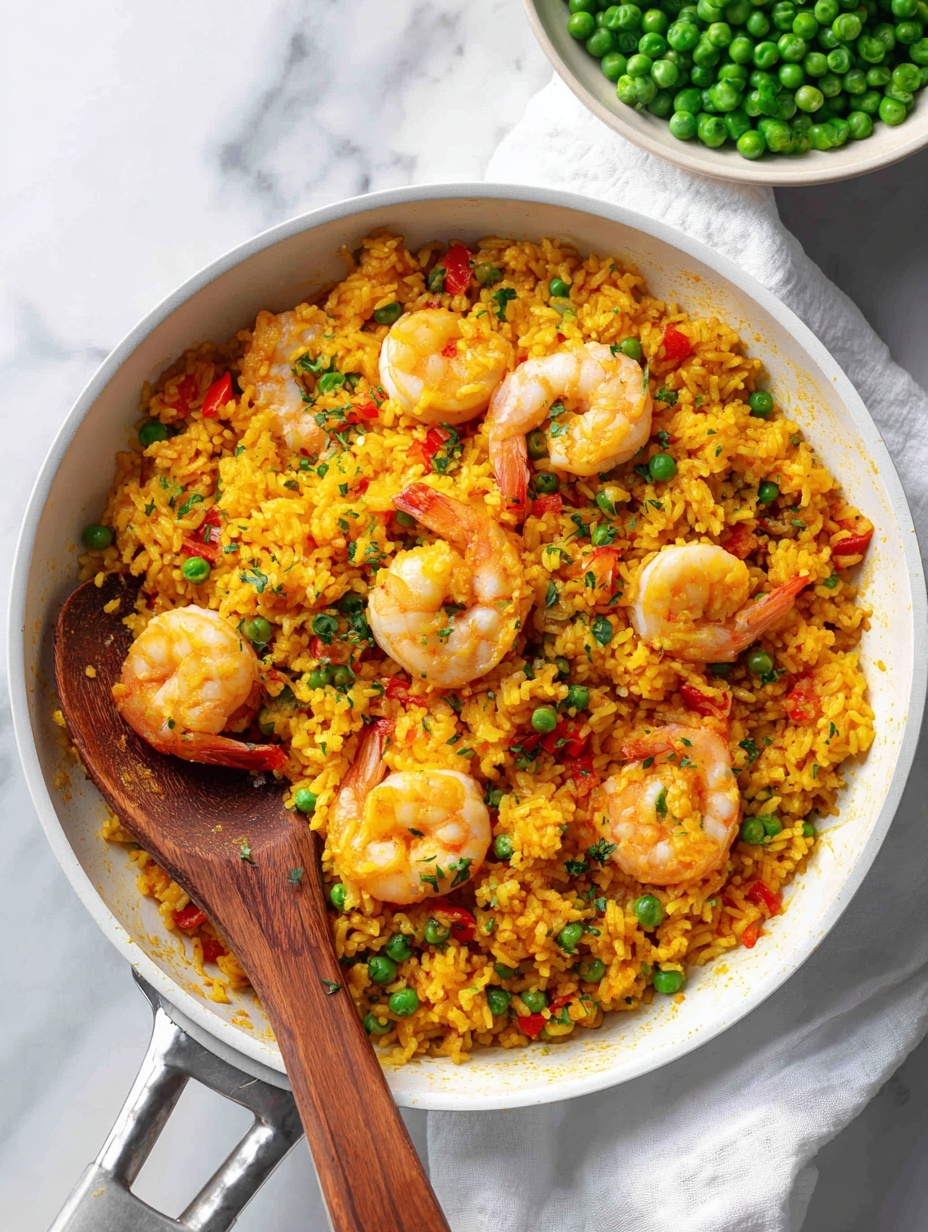 A cream-colored pot filled with a colorful shrimp and rice dish sits on a white marbled surface covered with a white cloth. The rice is golden yellow with a soft, fluffy texture, mixed with bright green peas and small pieces of red bell pepper evenly spread throughout. Several cooked shrimp with pink and white tones and intact tails rest on top and mixed inside the rice. A wooden spoon is partially resting inside the pot on the right side, stirring the dish. In the background, a white bowl filled with more green peas is slightly out of focus. Photo taken with an iphone --ar 2:3 --v 7