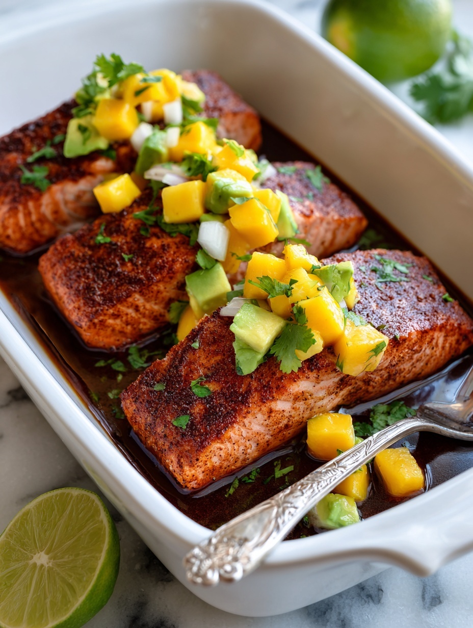 Two images side by side show fresh uncooked salmon fillets in a clear glass bowl set on a white marbled surface. The left image captures a dark brown sauce being poured from a small clear bowl onto the bright orange-pink salmon pieces stacked inside the bowl. The sauce looks thick and shiny, with small bits of garlic or spices visible. The right image shows the salmon marinating in the bowl, covered in the dark sauce, with a pair of silver and black tongs holding one piece. The fish has a smooth, slightly wet texture from the sauce, and the knife marks’ lines are visible along the salmon’s skin on some pieces. Photo taken with an iphone --ar 2:3 --v 7
