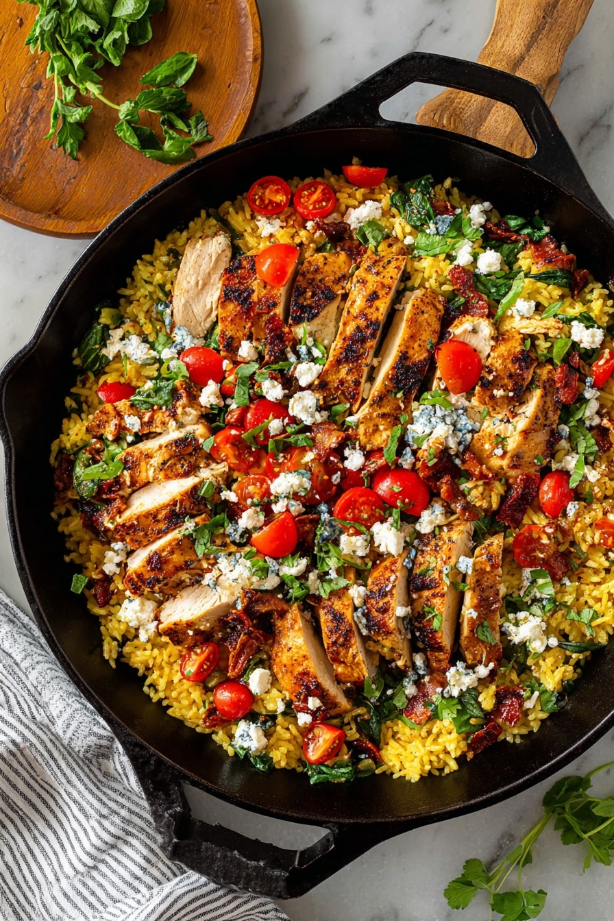 The dish shows a black skillet filled with layers of cooked yellow rice mixed with bright red cherry tomatoes cut in halves, dark purple olives, and fresh green herbs scattered throughout. On top, there are several pieces of browned grilled chicken, sliced and placed evenly over the rice, with crumbly white cheese sprinkled generously over everything. There are some fresh green leafy herbs adding color contrast. The skillet rests on a white marbled surface with a grey and white striped cloth nearby. Photo taken with an iphone --ar 2:3 --v 7