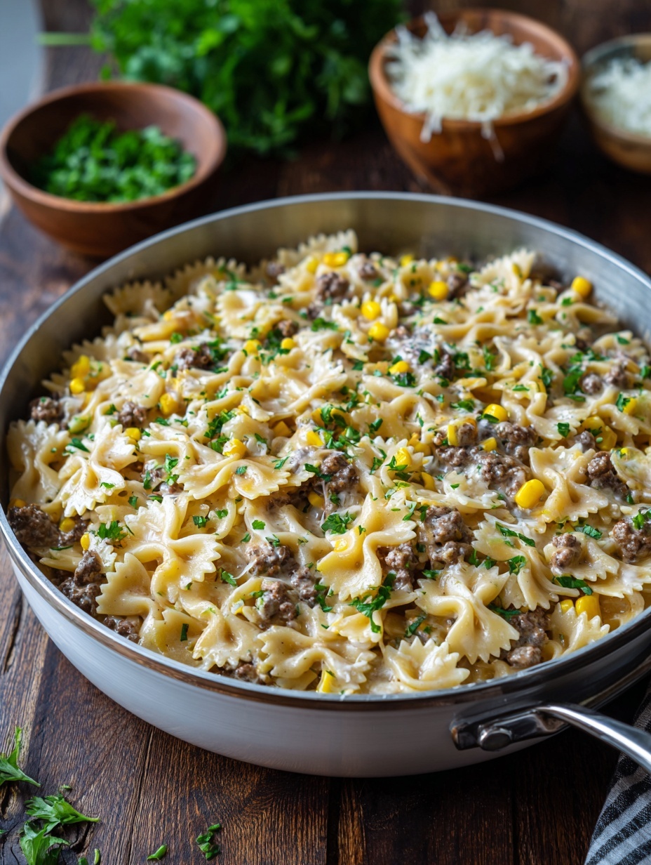 A white pot filled with one layer of small bowtie pasta mixed evenly with small bits of cooked ground meat and bright yellow corn kernels, all coated lightly with creamy sauce and sprinkled with finely chopped green herbs. The pot is on a wooden surface with a few small wooden bowls and parsley around it, and a beige cloth partly seen at the bottom right. The photo taken with an iphone --ar 2:3 --v 7