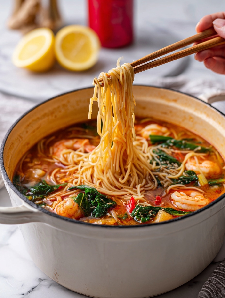 A white plate with blue patterned edges holds a neat pile of light brown noodles coated in sauce as the bottom layer. On top, there are several plump shrimp with a slightly orange glaze. The shrimp are sprinkled with white sesame seeds and small pieces of chopped green onions, adding a pop of fresh green. Fresh cilantro leaves are scattered around and on top of the shrimp, providing a bright green contrast. A pair of dark brown chopsticks rests on the plate’s edge, and the background shows a white marbled surface. photo taken with an iphone --ar 2:3 --v 7