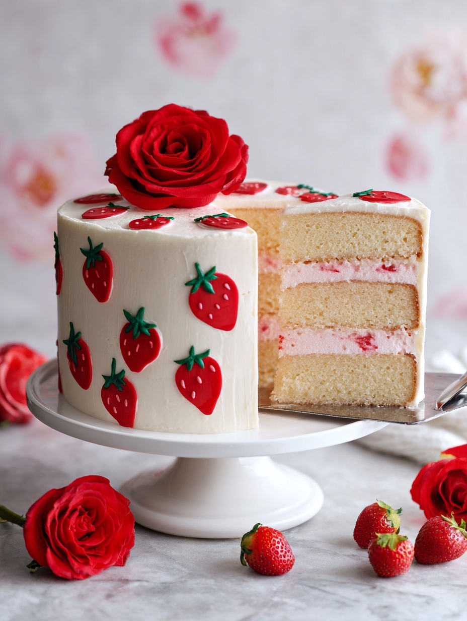 A two-layer round cake with a smooth white icing covers the outside, decorated evenly with small red strawberry shapes that have green tops around its sides. The cake layers inside are pink with a thin white filling between them. A large, vibrant red rose sits on top of the cake. The cake is placed on a white pedestal stand, which is on a wooden surface scattered with whole strawberries and several red roses around it. A slice of cake is being lifted by a fork from the right side. The background is a white marbled texture. Photo taken with an iphone --ar 2:3 --v 7