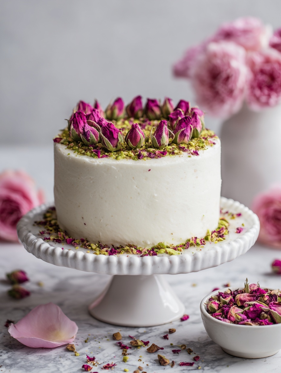 A small round cake with a smooth white frosting covers the whole cake. On the top edge, there is a ring made of crushed green pistachios mixed with pink dried rose petals and small pink rose buds evenly spaced around the circle. The cake sits on a white plate with scalloped edges, placed on a white marbled surface. Scattered pistachios and rose petals surround the plate, and there is a blurred pink flower in the foreground. Photo taken with an iphone --ar 2:3 --v 7