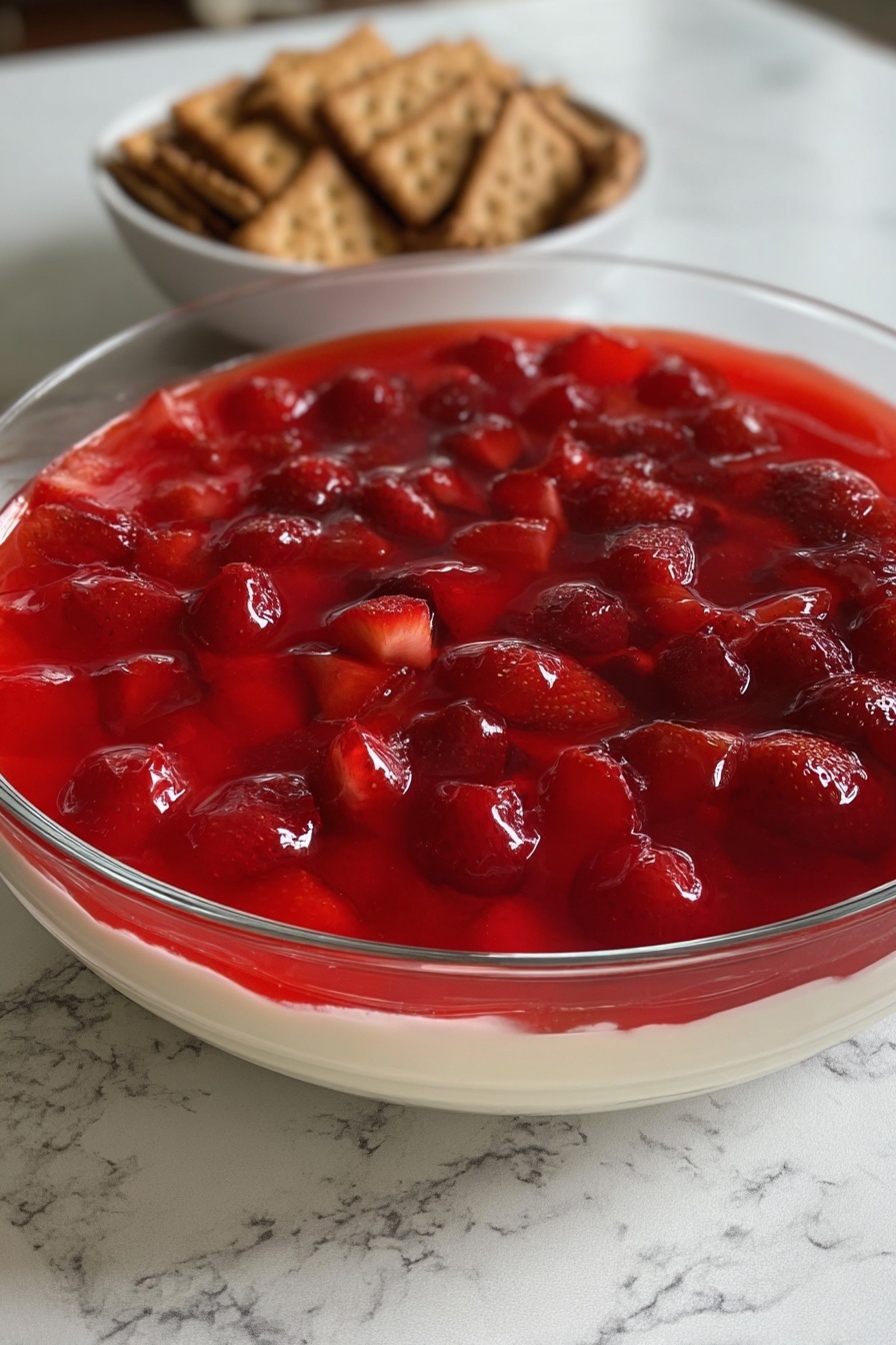 A clear glass round dish holds a dessert with two visible layers: the bottom layer is creamy and white, topped with a bright, glossy red jelly layer full of whole strawberries inside. The jelly layer has a smooth yet slightly bumpy texture because of the strawberries. In the background, there is a white bowl filled with light brown square crackers. The whole scene is set on a white marbled surface. Photo taken with an iphone --ar 2:3 --v 7