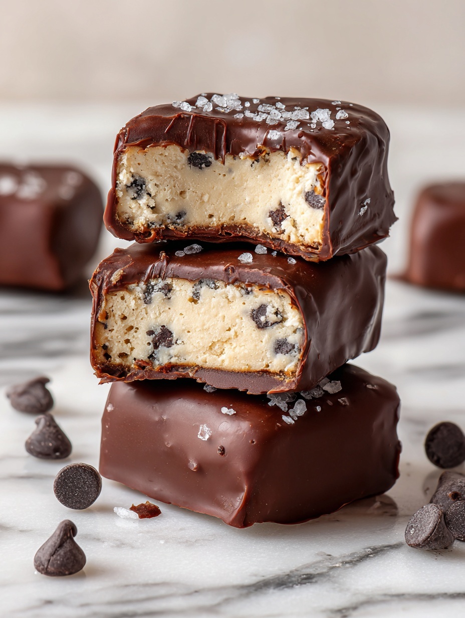 The image shows six round treats on white crinkled paper on a metal rack over a white marbled surface. Each treat has two layers: a smooth, light-colored inside layer speckled with chocolate chips, and a thick dark chocolate coating on the outside. Some treats are whole, while two are cut in half, displaying the creamy inside mixed with chocolate pieces. The top of each treat is decorated with small bits of coarse sea salt, adding texture. Scattered around the paper and rack are individual dark chocolate chips. Photo taken with an iphone --ar 2:3 --v 7