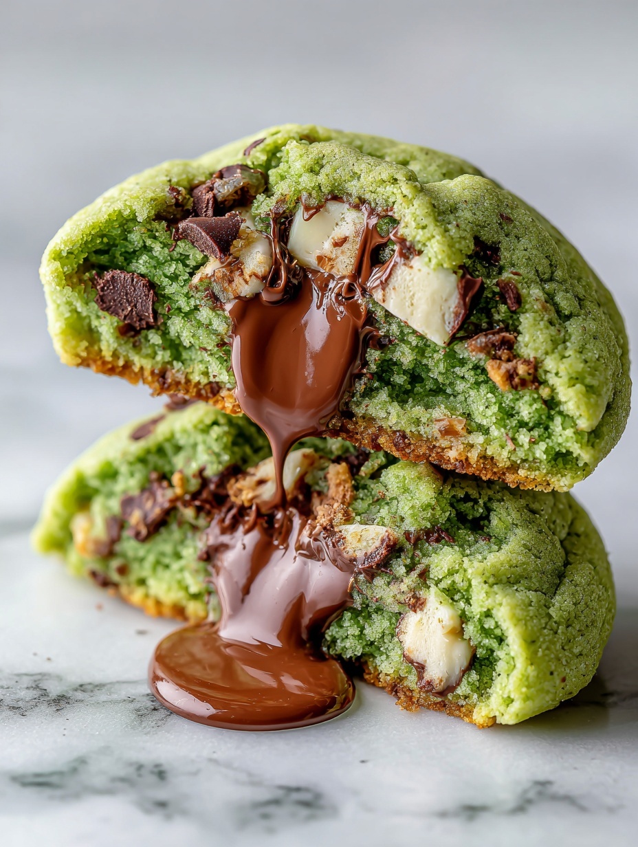 The image shows two stacked blue-green cookies with chunks of white and dark chocolate and pieces of cookie dough mixed inside. The top cookie is broken in half, revealing a soft, melty chocolate center flowing out. The cookie texture looks soft and dense, with a slightly rough, crumbly surface. The bottom cookie also has a bite taken out, showing the gooey chocolate inside. There are scattered chocolate chips and cookie crumbs on a white marbled surface beneath the cookies. photo taken with an iphone --ar 2:3 --v 7