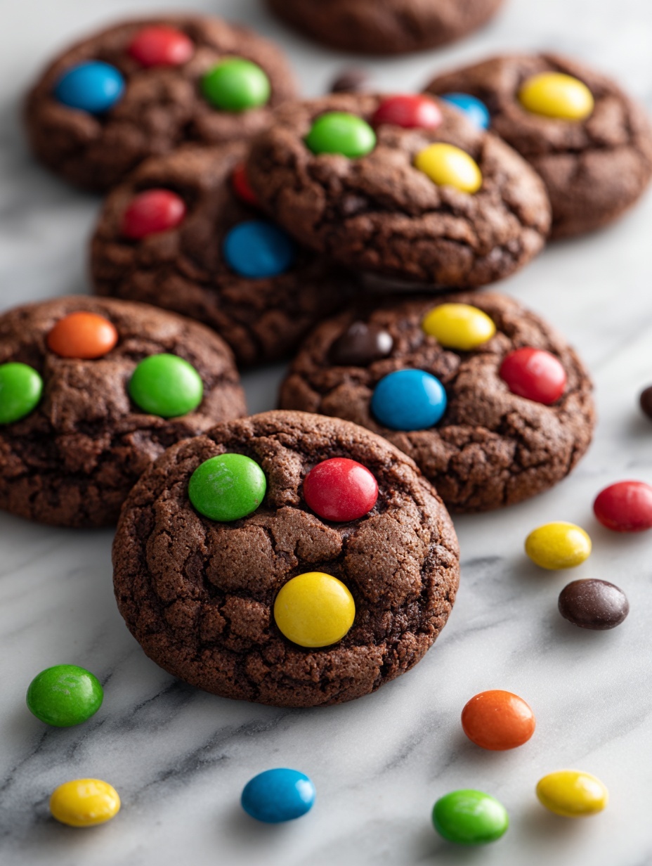 The image shows nine round chocolate cookies arranged in a grid on a white marbled surface. Each cookie has a rough, soft texture with colorful candy-coated chocolate pieces embedded on top in colors like blue, red, yellow, green, orange, and brown. The candies are scattered unevenly across the cookies' surfaces, with some candies also lying loose between the cookies on the surface. The cookies are dark brown and appear thick and soft, with slight cracks on their surfaces. photo taken with an iphone --ar 2:3 --v 7