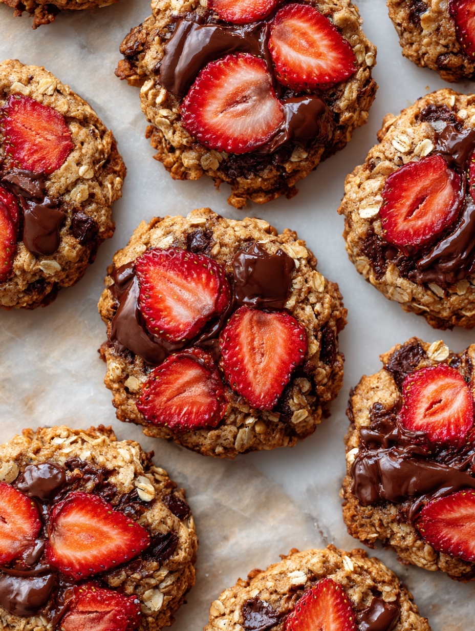 The image shows a close-up of a thick, large oatmeal cookie with visible layers of golden-brown oats and chunks of melted dark chocolate spread unevenly across the surface. Scattered throughout the cookie are bright red slices of fresh strawberries, adding a pop of color and texture contrast. The cookie has a rough, crumbly texture with some oat pieces slightly raised. Around the main cookie, parts of other similar cookies can be seen, all resting on a white marbled surface. photo taken with an iphone --ar 2:3 --v 7