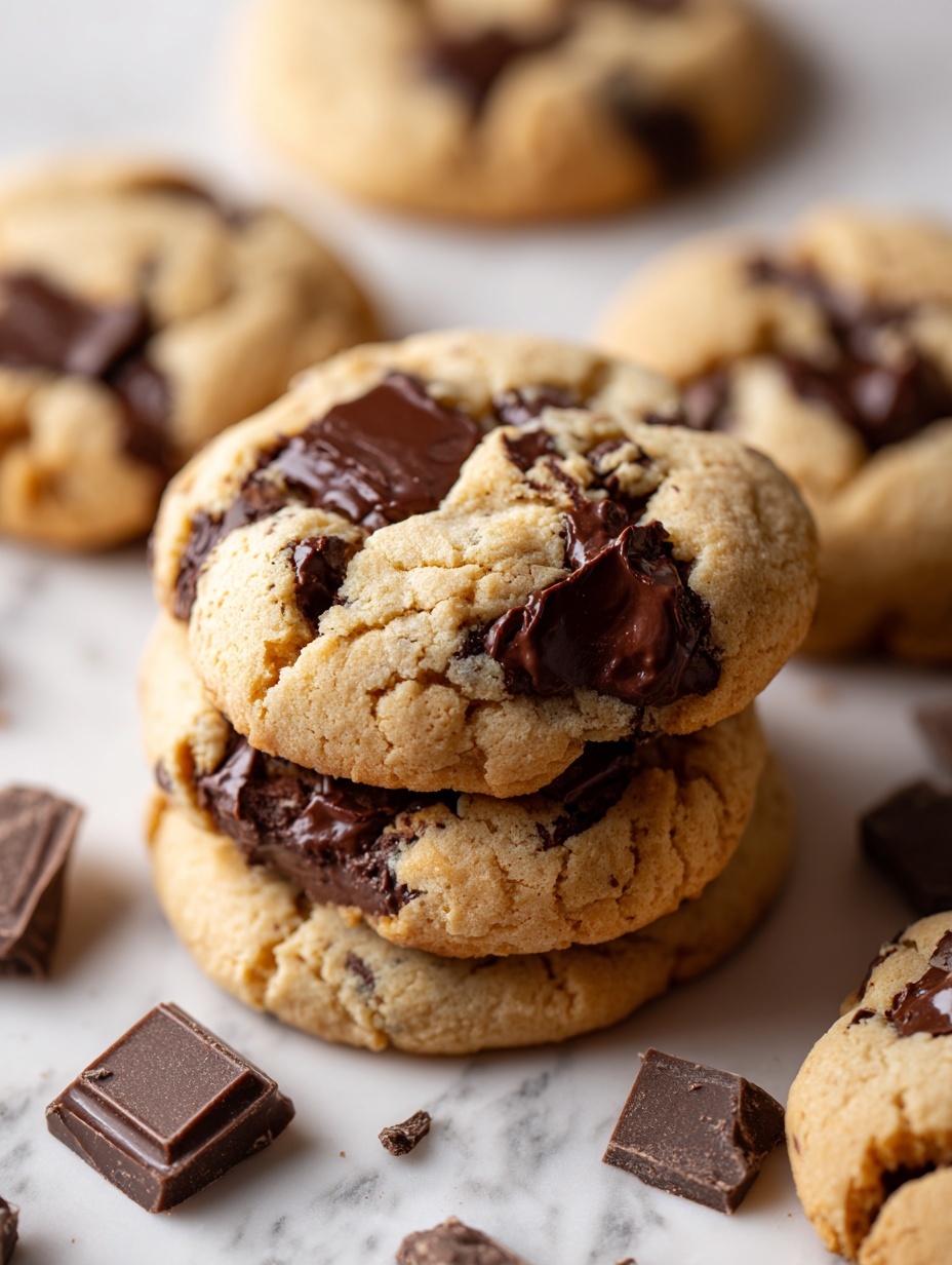 A close-up of a stack of three chunky cookies on a wooden surface with scattered chocolate pieces around. The bottom cookie is whole, round, with a lightly golden color and visible chocolate chunks. The middle cookie is broken in half, revealing a soft, slightly crumbly inside filled with melted dark chocolate. The top cookie half displays gooey melted chocolate oozing out, with a smooth texture contrasting the crumbly cookie dough. The background is softly blurred to keep focus on the stack. photo taken with an iphone --ar 2:3 --v 7