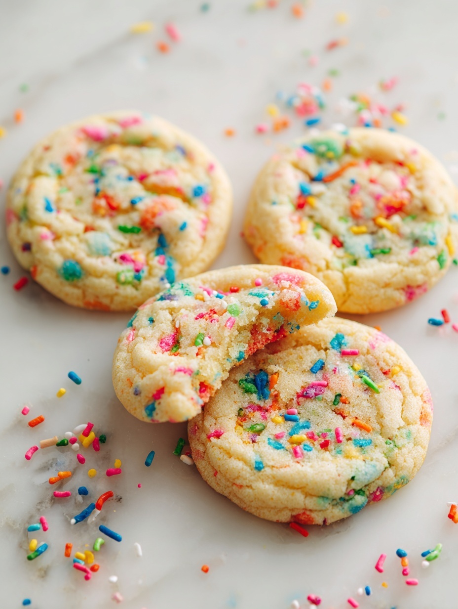 The image shows twelve small, round cookie dough balls arranged closely in a white tray on a white marbled surface. Each dough ball is pale yellow and has colorful rainbow sprinkles mixed throughout and on the surface, adding bright spots of red, blue, pink, green, orange, and brown. The dough texture looks soft and slightly lumpy, with the sprinkles evenly scattered on each ball. The balls are arranged in rows with some small gaps between them, creating an appealing, uniform pattern. photo taken with an iphone --ar 2:3 --v 7