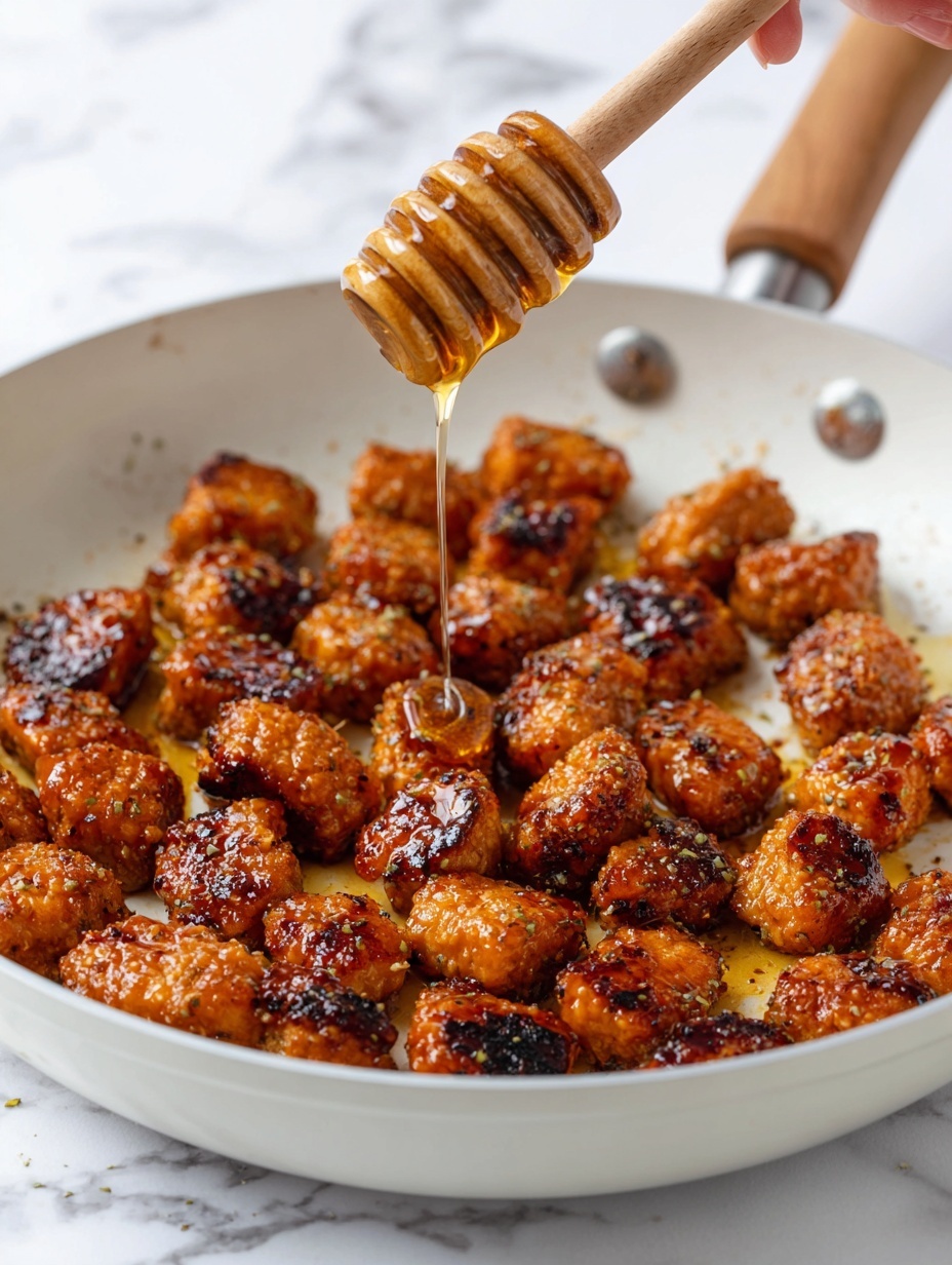 A close-up of many small brown cubes of fried chicken in a white bowl with a silver rim, each piece showing a crispy, textured surface with darker charred spots, and golden honey being poured over the chicken from a wooden honey dipper, dripping shinily onto the pieces, all set on a white marbled surface photo taken with an iphone --ar 2:3 --v 7