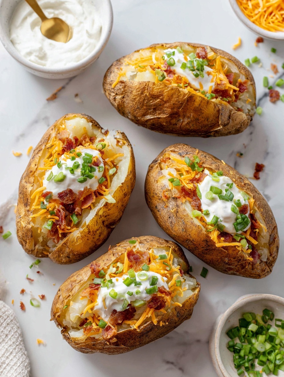 Four baked potatoes with rough brown skins are placed on a white plate with a textured rim, sitting on a white marbled surface. Each potato is sliced open with the inside fluffed and topped with shredded orange cheese, small pieces of cooked bacon, a generous spoonful of white sour cream, and chopped green onions scattered on top and around. In the background, a small white bowl filled with sour cream has a golden spoon resting inside. The scene is bright and clear, showing the rustic texture of the potatoes and fresh toppings. photo taken with an iphone --ar 2:3 --v 7