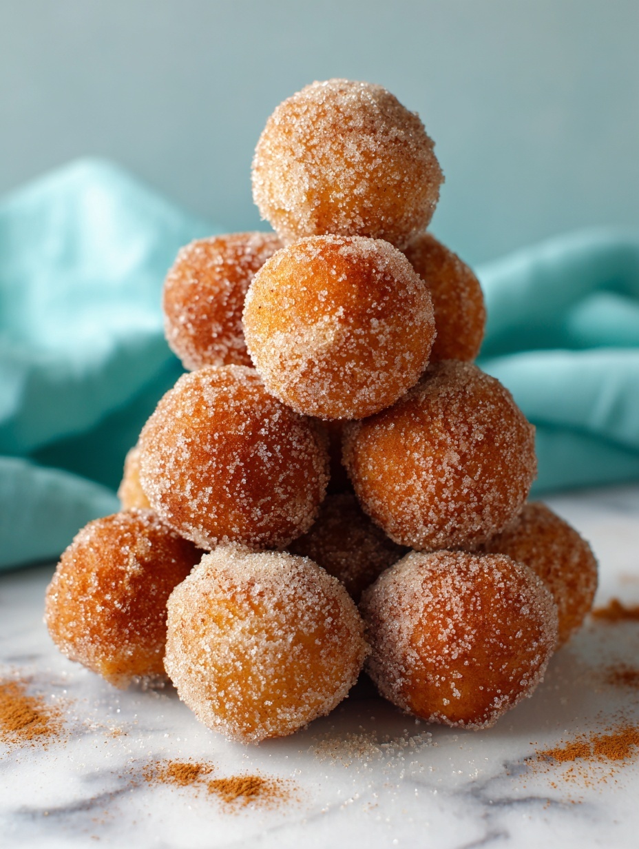 A white plate is filled with about two dozen round, golden-brown donut holes covered in a dusting of cinnamon sugar, stacked in a small pyramid shape. In the foreground, five additional donut holes sit scattered on a white marbled surface, some laying alone and others partially blurred, adding depth to the image. The background shows a soft, out-of-focus teal fabric on the left, enhancing the warm tones of the donut holes. The lighting is soft and natural, highlighting the slightly rough texture of the sugar coating on each donut hole. photo taken with an iphone --ar 2:3 --v 7