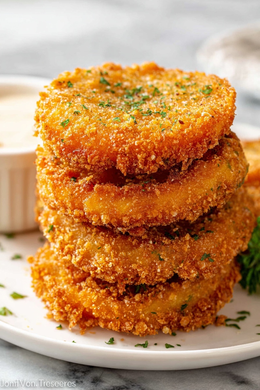 Four pieces of golden brown, crispy fried green tomatoes are stacked on a white plate. Each tomato slice has a rough, crunchy texture with small crumbs on the edges and a few small green herb sprinkles on top. In the background, there is a blurred white bowl with light brown dipping sauce and another bowl with green sauce. The surface is a white marbled texture. Photo taken with an iphone --ar 2:3 --v 7