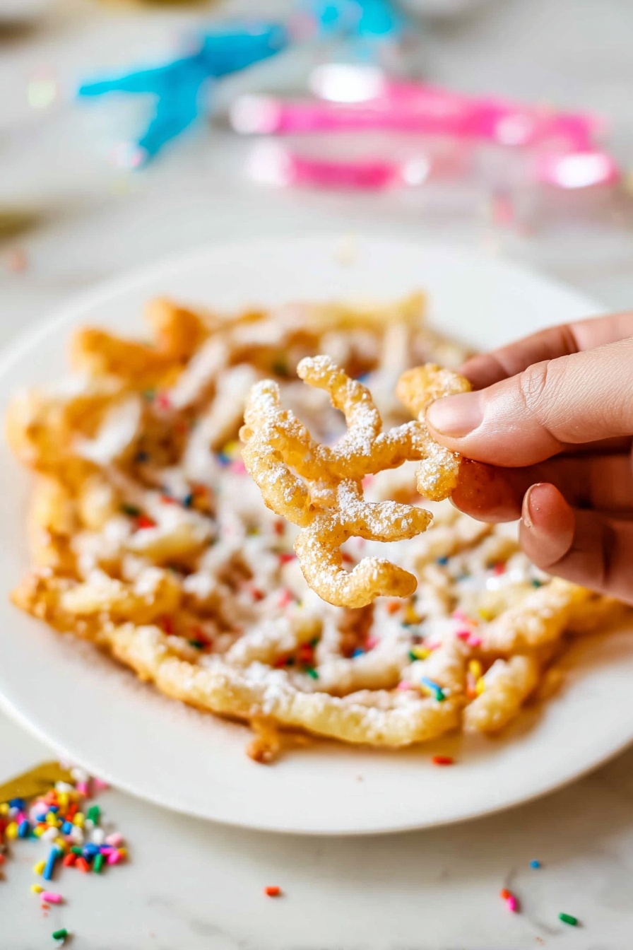 A round funnel cake sits on a white plate with a scalloped edge, showing a golden brown color with a crispy, irregular lattice texture. The top is covered with a thick layer of white powdered sugar, lightly dusting the cake and the plate surface around it. In the background, a white bowl filled with powdered sugar rests on a white marbled surface, with a soft blue cloth visible behind the plate. The photo taken with an iphone --ar 2:3 --v 7