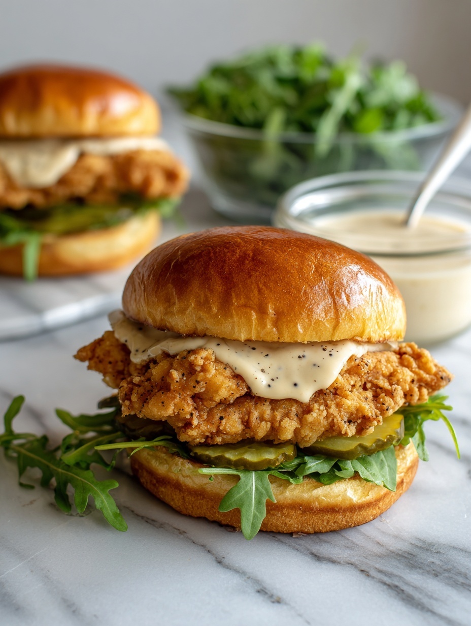 The image shows a crispy fried chicken sandwich on a shiny golden-brown bun with three main layers visible: the bottom bun, a layer of creamy brown sauce, and a thick, crunchy fried chicken piece with a textured golden crust topped with another layer of sauce, all covered by the soft top bun. The sandwich sits on a white plate with a side of green leafy salad that has some thin yellow slices, and in the background, there is a glass cup filled with more sauce and a white spoon inside it. The whole scene is set on a white marbled surface, and the lighting is bright and natural, highlighting the textures and colors clearly. photo taken with an iphone --ar 2:3 --v 7