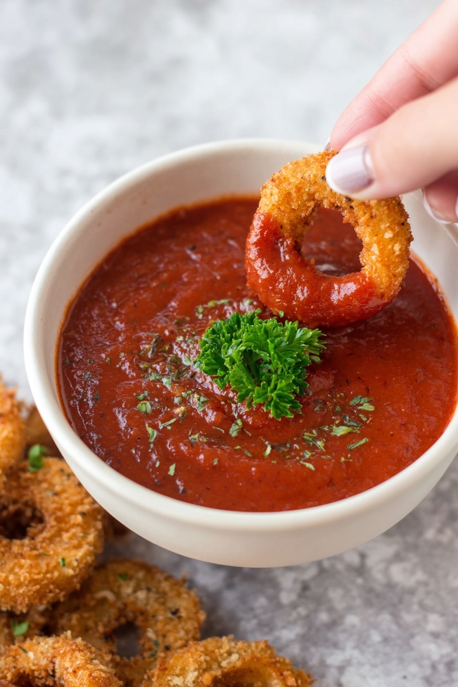 A close-up of a white bowl filled with thick red marinara sauce garnished with a small bunch of bright green parsley in the center. Above the bowl, a woman's hand holds one golden-brown, crispy fried calamari ring dipped halfway into the sauce, showing the red sauce coating the bottom part of the ring. In the corner, a white bowl with more fried calamari rings is partly visible. All placed on a white marbled surface. Photo taken with an iphone --ar 2:3 --v 7