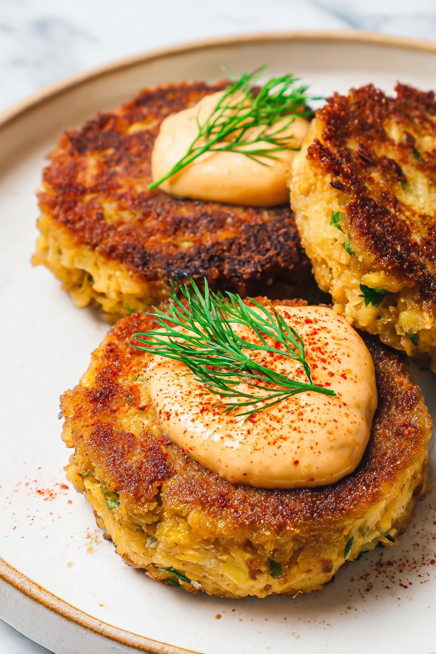 The image shows four golden-brown crab cakes on a white plate with a thin brown rim, placed on a white marbled surface. Each cake is thick and round, showing small bits of green herbs mixed inside with a slightly crispy and textured crust. The front crab cake has a generous dollop of light orange sauce on top, sprinkled with fine red seasoning, and is garnished with a sprig of fresh green dill and small pieces of green onion. The background crab cakes are out of focus but have the same crispy texture and golden color. photo taken with an iphone --ar 2:3 --v 7