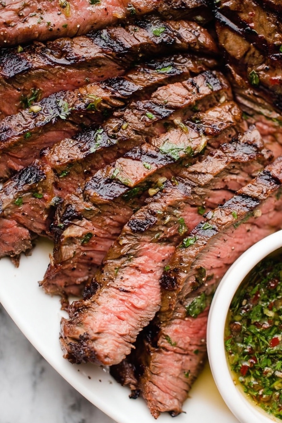 A white plate is filled with several slices of grilled steak arranged overlapping from the bottom left to the top right. The steak slices show a rich brown exterior with light char marks and a juicy pink interior, indicating medium doneness. The texture of the meat is visible with some herbs and seasoning on the surface. On the top right edge of the image, there is a small white bowl with a green herb sauce, adding a fresh contrast to the dish. The whole scene is set on a white marbled surface. photo taken with an iphone --ar 2:3 --v 7