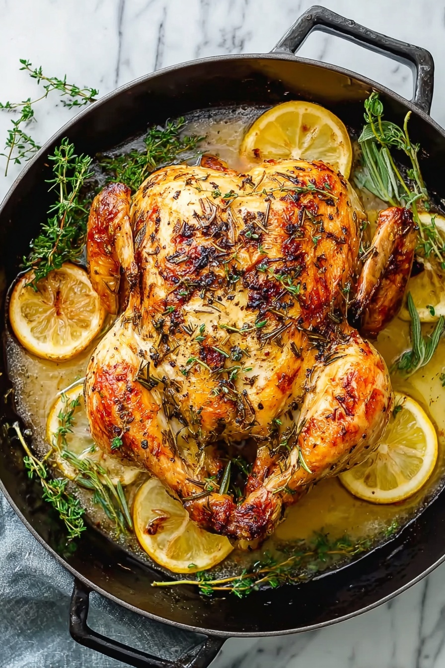 A whole roasted chicken lays flat on a round white speckled pan with two handles. The chicken skin is golden brown with grilled marks and sprinkled with green herbs. It is surrounded by four yellow lemon slices and small sprigs of green rosemary and thyme, placed around the edges of the pan. Bright green chopped parsley is scattered both on the chicken and the pan, adding freshness to the warm colors. The pan sits on a white marbled surface with a white and blue checked cloth partially visible in the upper right corner. Photo taken with an iphone --ar 2:3 --v 7