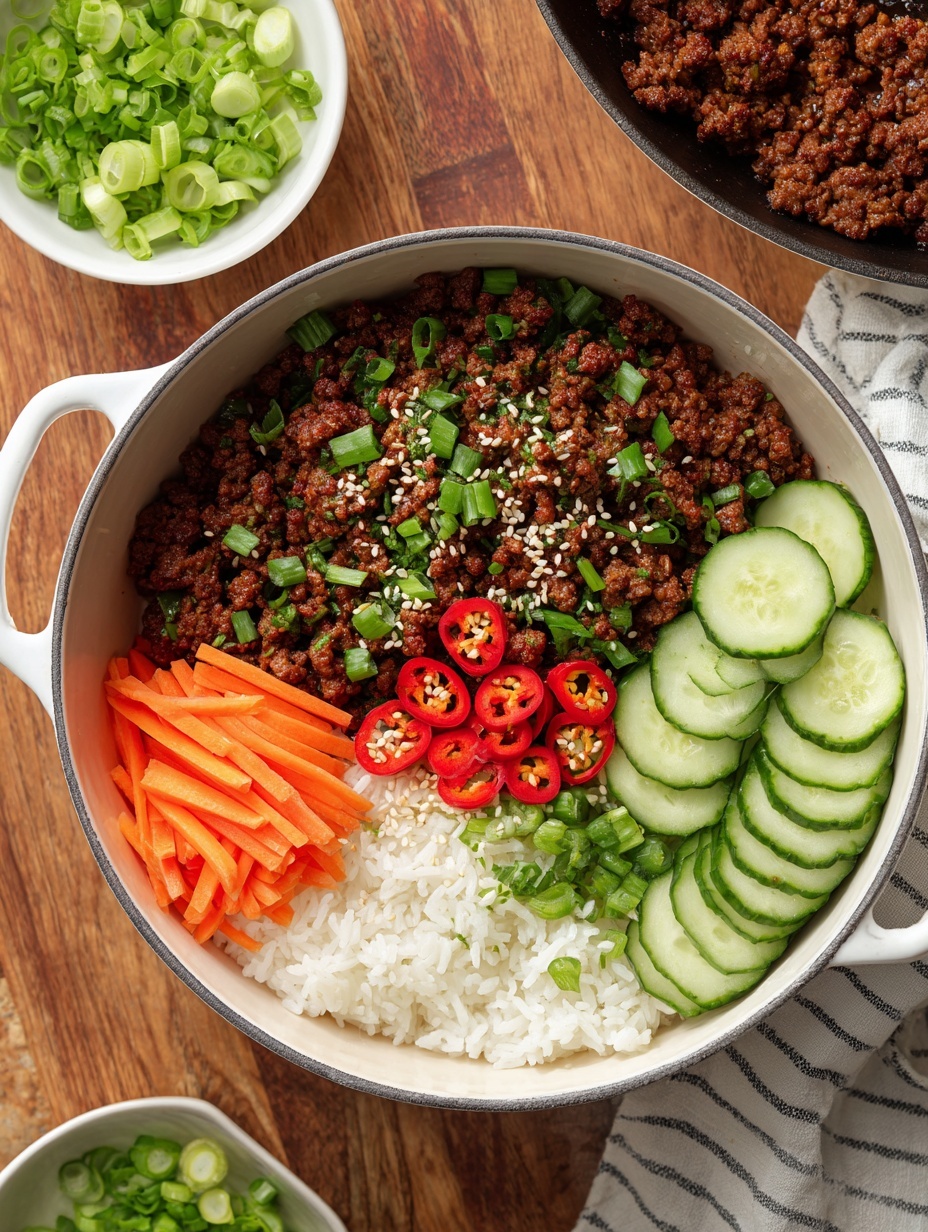 A white plate holds two layers: the bottom layer is light brown cooked rice with a slightly soft texture, and the top layer is dark brown minced meat mixed with small pieces of green onions scattered on top. The background features a wooden table surface with a small white bowl of sesame seeds and a blurred glass jar with dark liquid. On the left side, there is a metal fork and spoon on a folded beige cloth. photo taken with an iphone --ar 2:3 --v 7