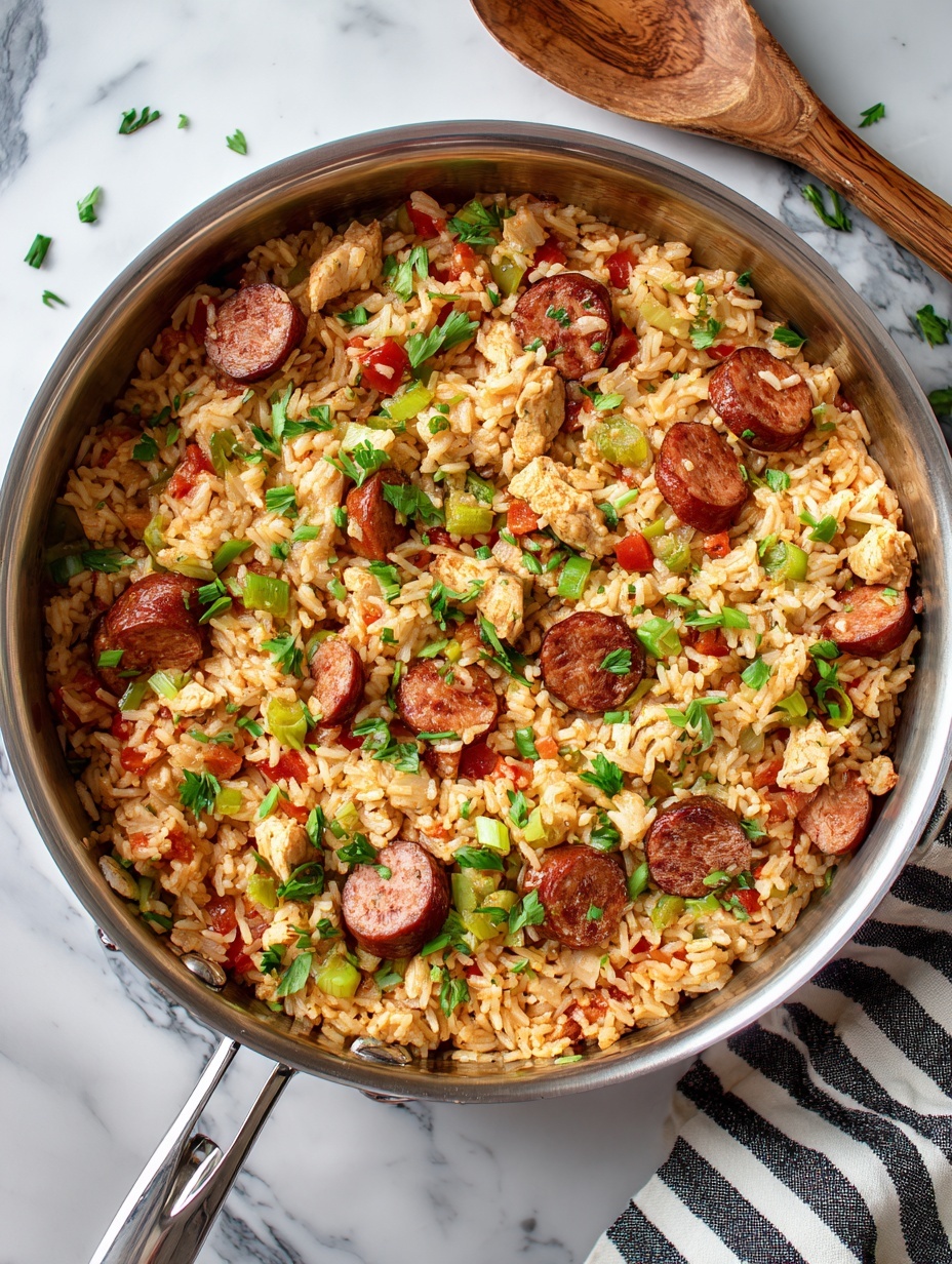 A white bowl filled with three main layers: the bottom layer is a mix of cooked rice with a light orange tint, the middle layer consists of chopped green celery pieces, and the top layer shows chunks of browned sausage slices alongside small pieces of cooked chicken with a light golden-brown color; bits of red diced tomatoes are spread throughout the dish adding more color variation. The bowl is placed on a soft white cloth with black stripes, all set on a white marbled surface. A spoon with a black and gold handle rests inside the bowl. In the background, part of a pan with the same dish can be seen slightly out of focus. Photo taken with an iphone --ar 2:3 --v 7