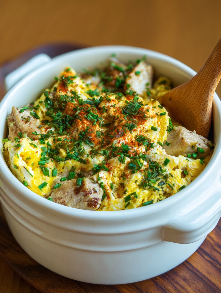 The image shows a black bowl filled with a bed of white rice at the bottom, its grains fluffy and slightly sticky. On top of the rice, there is a single layer of cooked egg mixed with small pieces of cooked meat and onions, all coated with a light golden-brown sauce which gives a slightly shiny texture. Scattered on the egg layer are thin green slices of green beans or similar vegetable, adding a fresh green color to the warm tones. Next to the bowl, a part of a white marbled surface is visible, along with a blue glass and a beige cloth with a blue stripe. The composition is simple and cozy, with soft natural lighting highlighting the dish's textures and colors, photo taken with an iphone --ar 2:3 --v 7