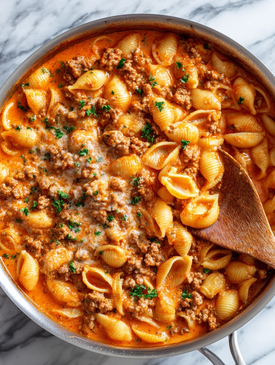 This image shows one layer of cooked pasta shells with a light orange sauce slowly soaked into each shell. Mixed in evenly are small pieces of browned ground meat and bits of tomato, all covered with small flecks of finely chopped green herbs. A wooden spoon is partly submerged stirring the mixture, showing the creamy texture and rich color of the sauce blending well with the textured meat and pasta. The background is a white marbled texture photo taken with an iphone --ar 2:3 --v 7