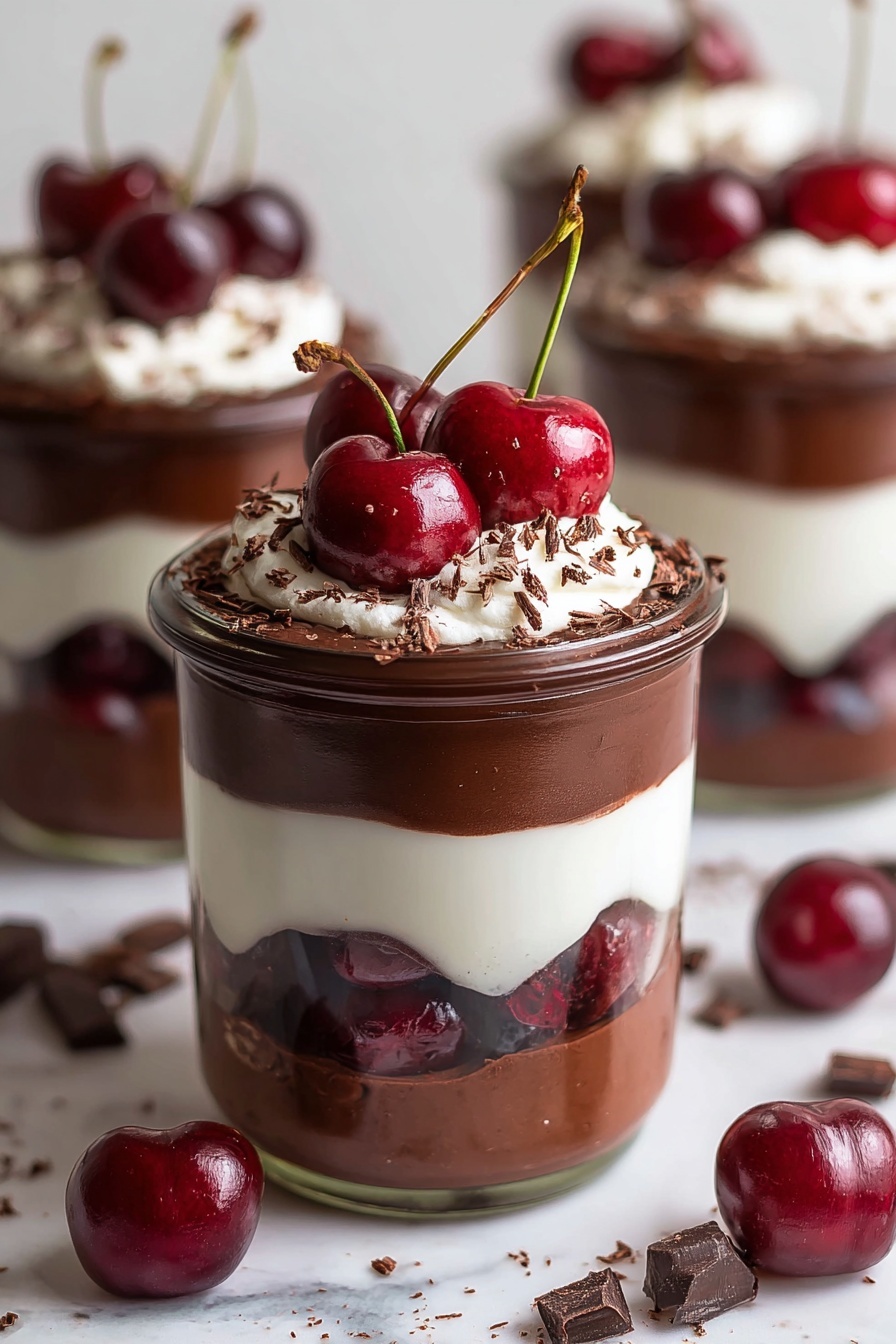 A clear glass filled with a layered dessert showing four distinct layers: at the bottom is a smooth white cream layer, above it is a thick, dark chocolate layer with fresh dark red cherry halves pressed into the chocolate, followed by another white cream layer, then a thick dark chocolate layer on top. The dessert is topped with a dollop of white cream and three whole shiny dark red cherries with green stems, lightly sprinkled with small chocolate shavings. There are more similar glasses blurred in the background on a white marbled surface, with a few loose cherries and scattered chocolate shavings around. photo taken with an iphone --ar 2:3 --v 7