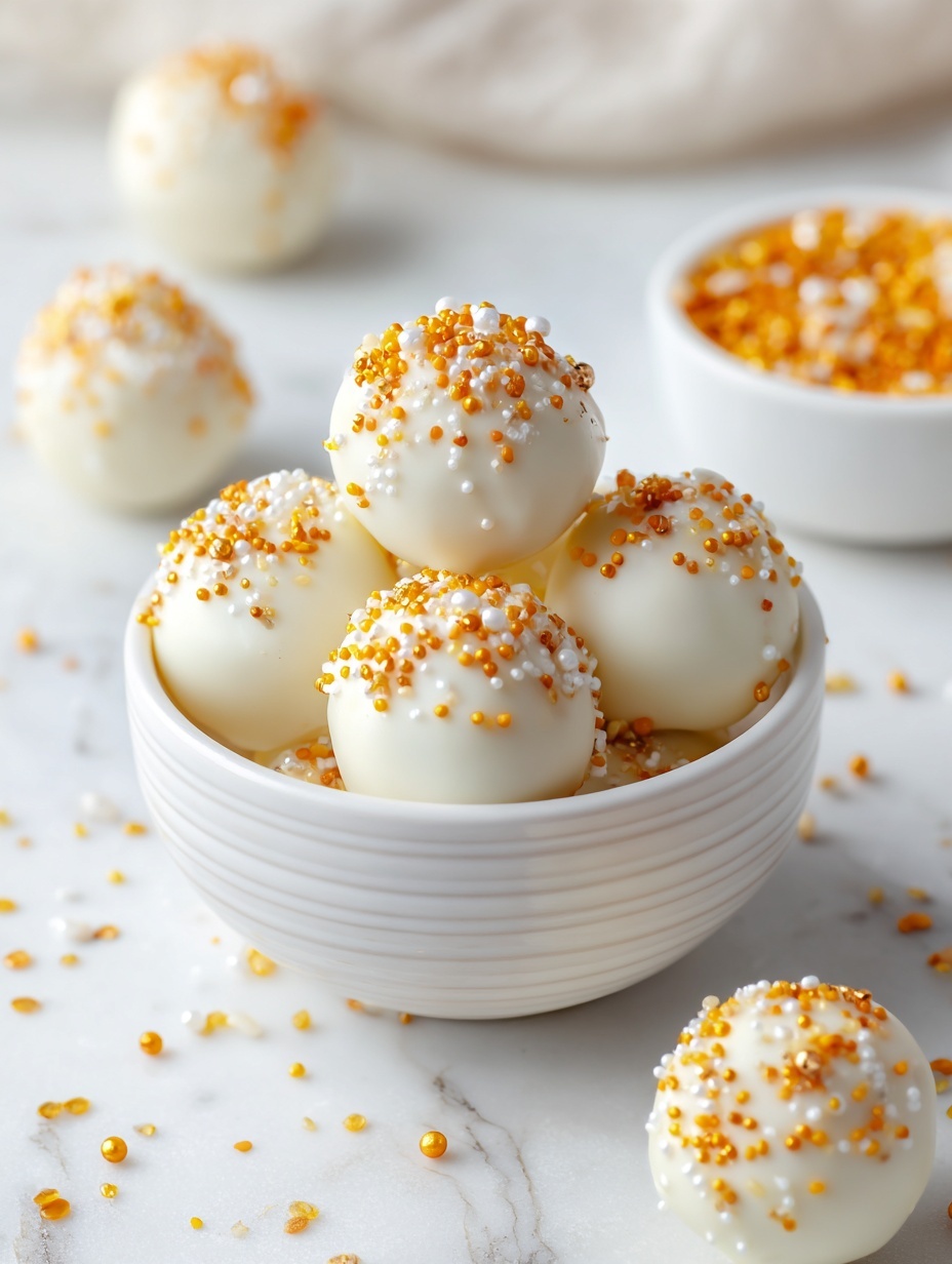 The image shows a white bowl filled with round white cookies that have a smooth texture. Each cookie is topped with small orange and white round sprinkles scattered unevenly on the surface. In front of this bowl, there is a smaller white bowl filled with the same orange and white sprinkles. One cookie sits alone on the white marbled surface near the bowls. The background is soft and light, giving a clean and bright look. photo taken with an iphone --ar 2:3 --v 7