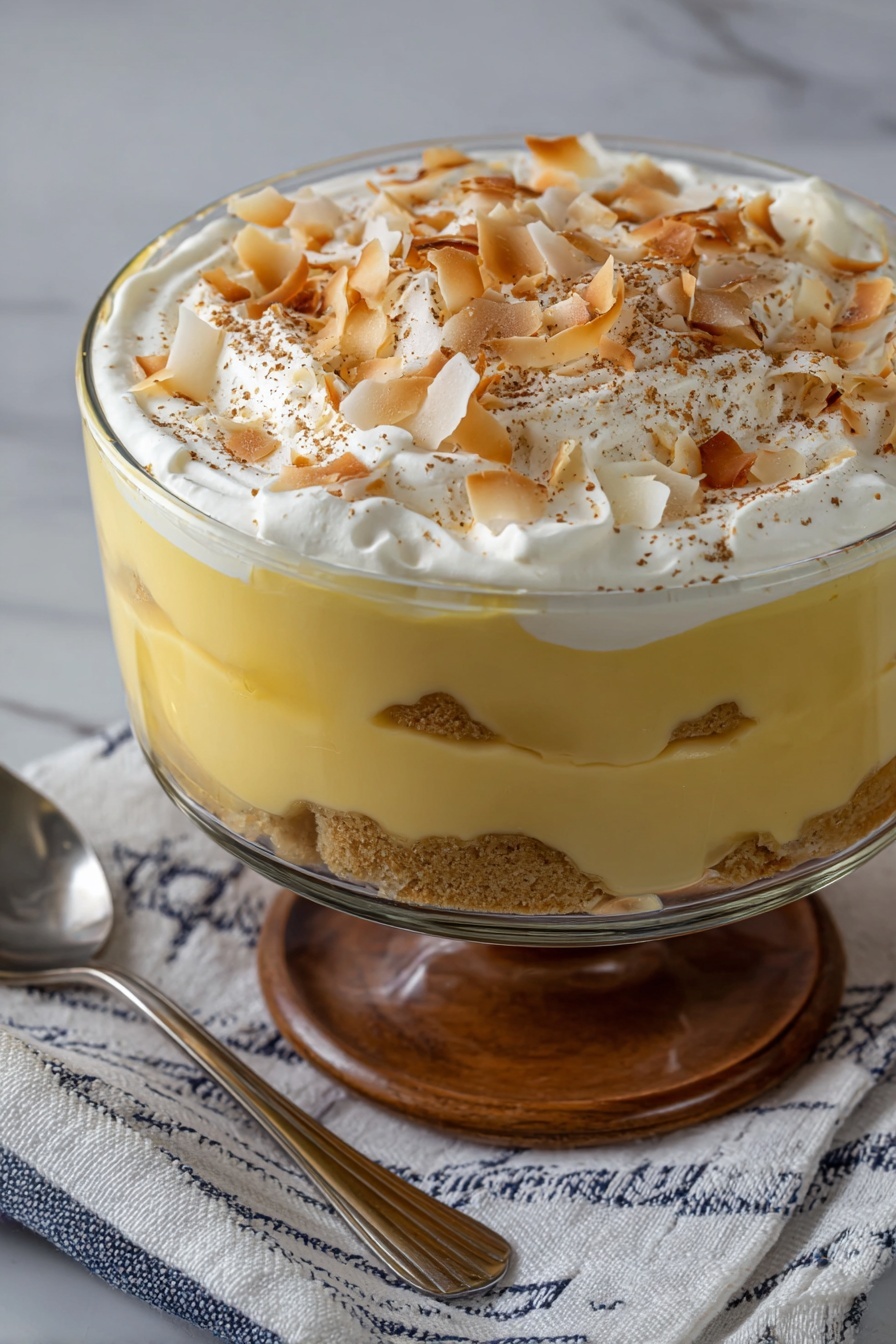 The image shows a clear glass bowl filled with a layered dessert placed on a white marbled surface. The dessert has three main layers: the bottom layer has a light brown color with a few visible biscuit pieces, the middle layer is thick and creamy with a pale yellow color, and the top layer is white whipped cream. The whipped cream is sprinkled with toasted coconut flakes and a dusting of brown powder evenly spread on top. Next to the dessert bowl is a small white bowl containing more toasted coconut flakes. A silver spoon and a white cloth with thin yellow stripes are placed in the foreground. Photo taken with an iphone --ar 2:3 --v 7