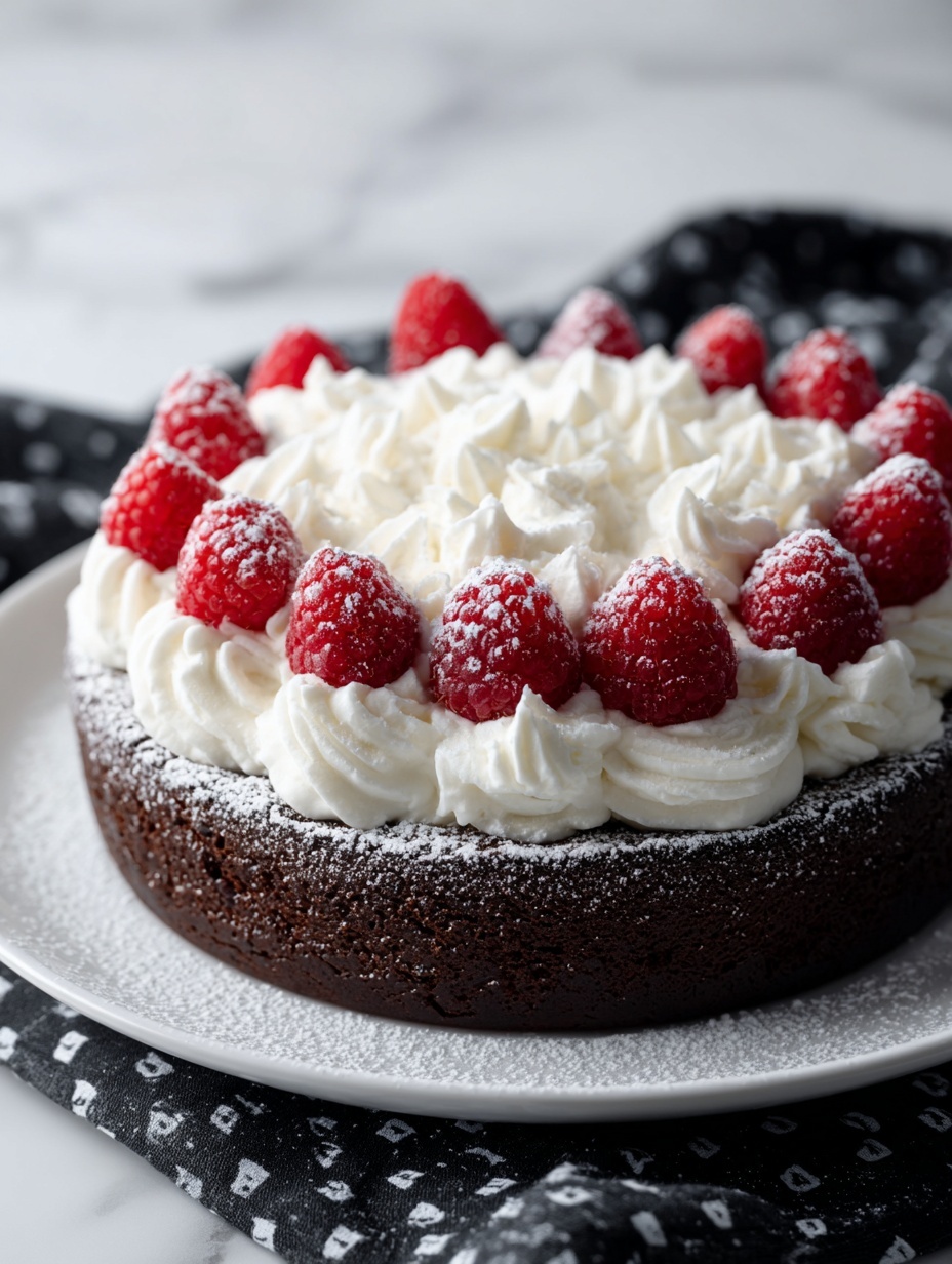 A round dessert sits on a white plate on a white marbled surface. The bottom layer is a thick dark brown crust with a slightly cracked edge. On top, there is a generous swirl of smooth white whipped cream piped in flower shapes, covering the entire top of the dessert. Around the base, there are clusters of bright red raspberries dusted with powdered sugar. The powdered sugar is also sprinkled over the crust and plate, adding a light dusting of white. In the background, there is a dark cloth with small white patterns. photo taken with an iphone --ar 2:3 --v 7