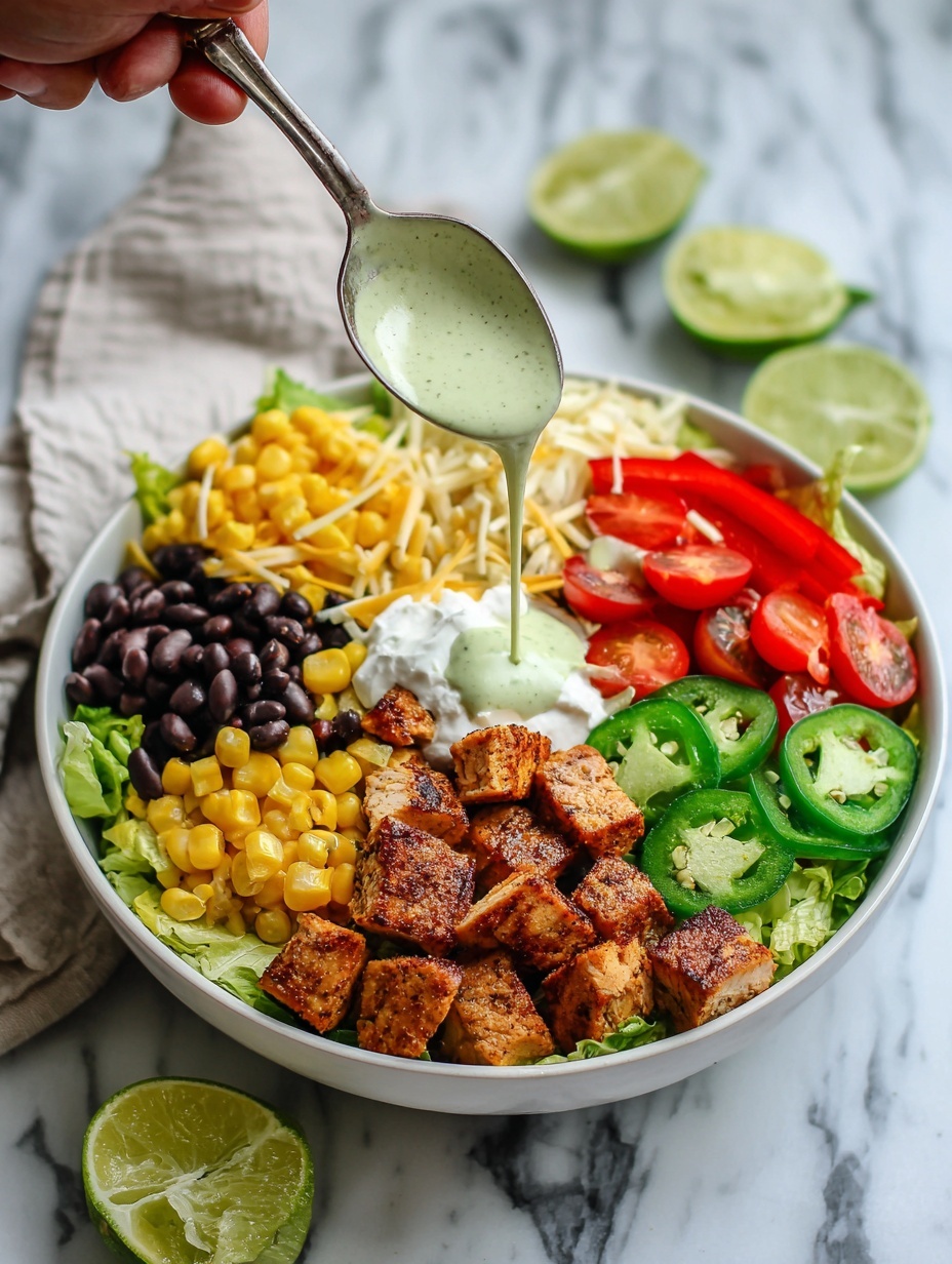 A white bowl filled with a colorful layered salad starting with a base of green lettuce leaves. On top, there are five slices of grilled chicken with a golden-brown color placed in the center. Around the chicken, there are layers of black beans, yellow corn, sliced black olives, cherry tomatoes, and thin red bell pepper strips. There is a small heap of green guacamole, a dollop of white sour cream, shredded yellow cheese, and a sprig of green cilantro. A wedge of lime rests on the side, and thin crispy tortilla strips are scattered on top. The bowl sits on a white marbled texture surface. A small cup with green dressing is on the side, blurred in the background. photo taken with an iphone --ar 2:3 --v 7