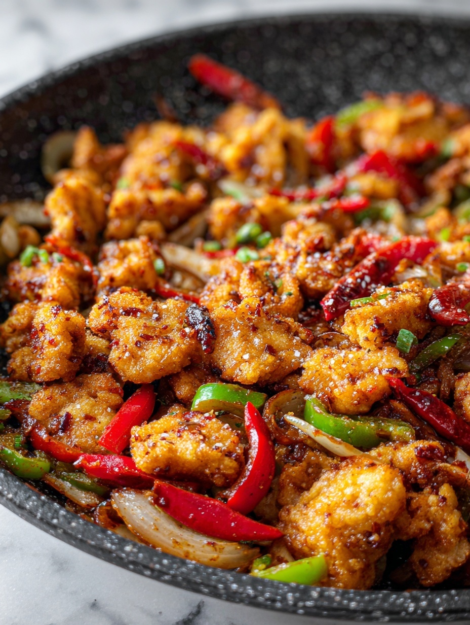 The image shows many pieces of golden brown fried chicken, each with a crunchy texture. Mixed among the chicken pieces are thin slices of sautéed red and green bell peppers and translucent cooked onion rings, adding bright red, green, and pale yellow colors. The chicken pieces and vegetables are scattered evenly on a white marbled surface, creating a colorful and appetizing mix. Photo taken with an iphone --ar 2:3 --v 7