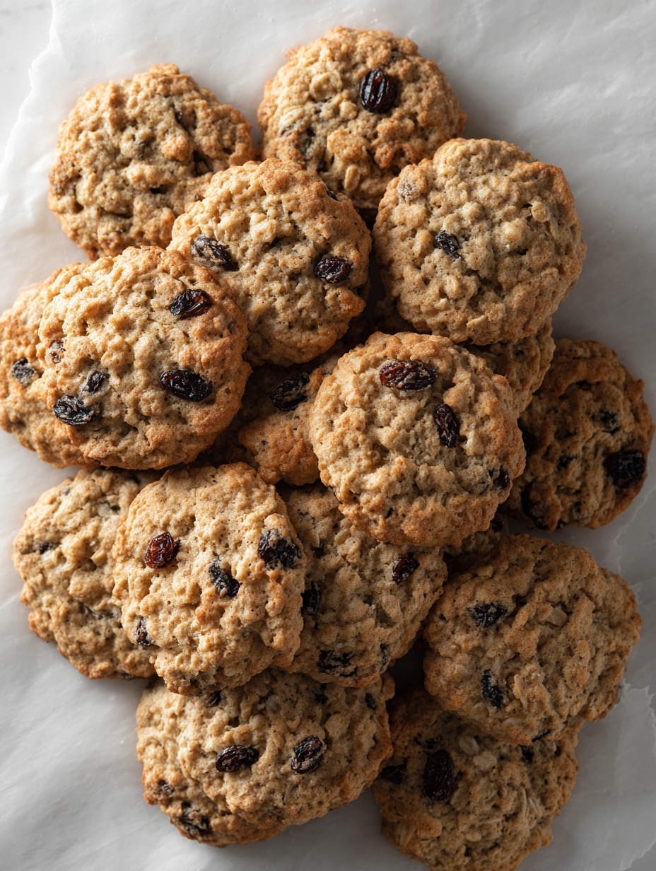Several round oatmeal raisin cookies with a golden-brown color and slightly rough texture are spread out on a white marbled surface with a piece of white parchment paper under some of them. The cookies have visible dark raisins embedded in them and an uneven, bumpy surface from the oats. A blue and white striped cloth is placed on the bottom right corner of the image. The lighting is bright and natural. photo taken with an iphone --ar 2:3 --v 7