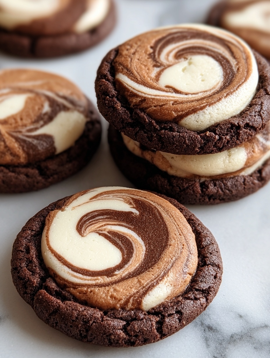 The image shows four round chocolate cookies on a white marbled surface. Each cookie has a thick base layer of dark brown chocolate dough. On top, there is a swirling pattern layer made of white and dark brown chocolate cream mixed together, creating a smooth, marbled look with soft, creamy textures. The swirls form rounded shapes that loop inwards, highlighting the contrast between the white and dark brown colors. The cookies look soft with slight cracks on their edges. Photo taken with an iphone --ar 2:3 --v 7