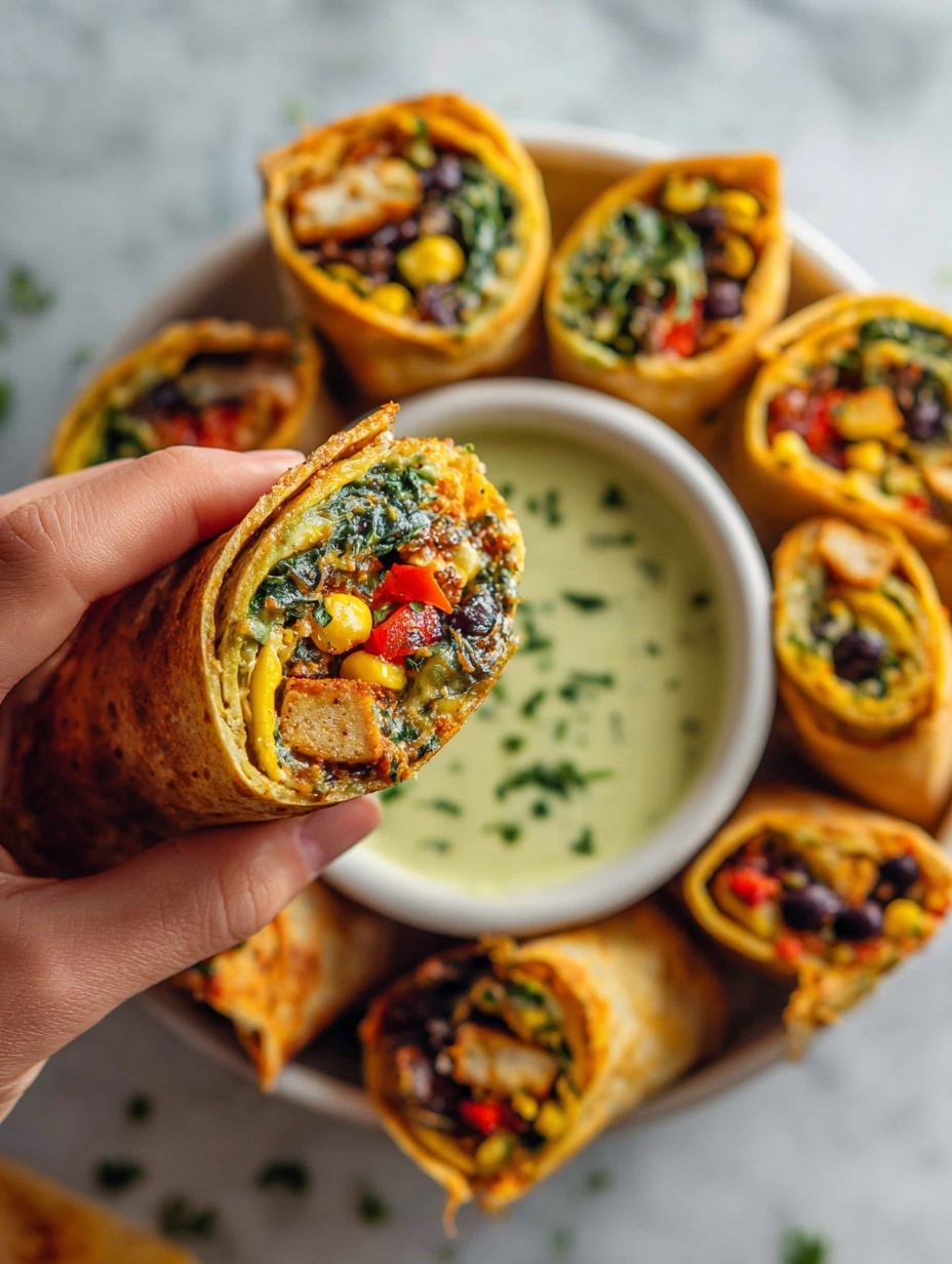 A woman's hand is holding a golden brown, crispy rolled wrap filled with several layers of ingredients including green spinach leaves, black beans, yellow corn, small light brown pieces of tofu or meat substitute, and bits of red pepper, all finely mixed together. The wrap is being dipped into a pale green creamy sauce in a white bowl, with some chopped green herbs sprinkled on the sauce. Around the bowl on a white plate lie more cut pieces of the same wrap, each showing the colorful filling inside with the same mixture of green, black, yellow, and red ingredients. The entire scene is set on a white marbled surface photo taken with an iphone --ar 2:3 --v 7