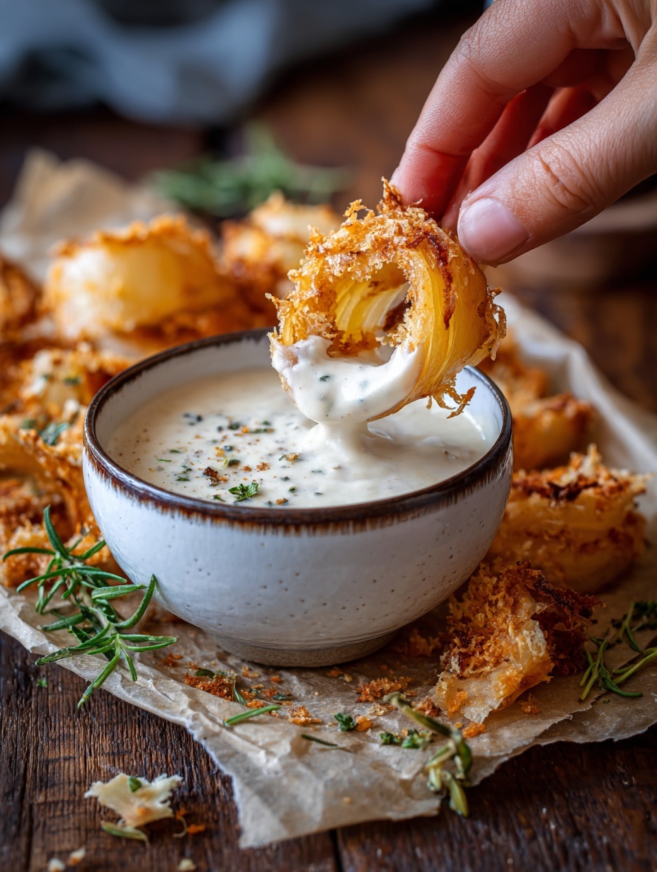 A close-up view of a white bowl with a thin blue line on the rim, filled with creamy white sauce, placed on white parchment paper scattered with some green herb sprouts and brown breadcrumbs. Next to the bowl is a partial view of a stack of crispy, golden-brown seasoned potato slices with a crunchy texture. A woman's hand is dipping a single lightly browned potato slice into the sauce. The scene rests on a wooden surface with a blurred glass of amber liquid in the background. photo taken with an iphone --ar 2:3 --v 7