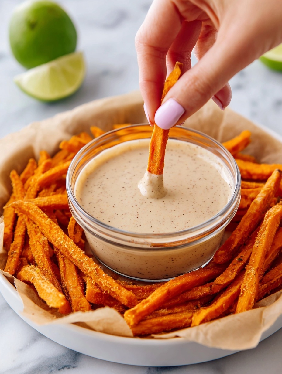 A white plate lined with light brown parchment paper holds many bright orange sweet potato fries with a rough, slightly crispy texture. In the center sits a clear glass bowl filled with creamy beige sauce speckled with small dark flecks. A woman's hand with light pink nail polish dips one sweet potato fry into the smooth sauce. Behind the plate, there is a halved green lime partially visible, all placed on a white marbled surface. Photo taken with an iphone --ar 2:3 --v 7