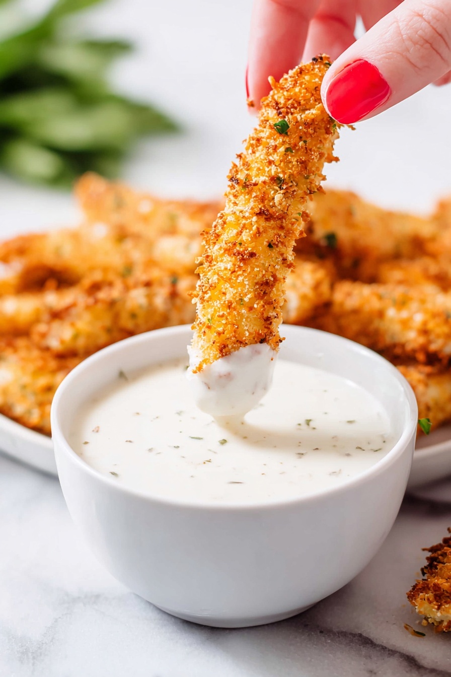 A woman's hand with bright red nails holds a golden brown crispy breaded stick, dipping its bottom half into a small white bowl filled with smooth creamy white sauce with light specks. The bowl is centered on a white plate surrounded by more golden brown breaded sticks that have a crunchy texture. The background is a white marbled surface, and some green leaves are faintly visible blurred behind. photo taken with an iphone --ar 2:3 --v 7