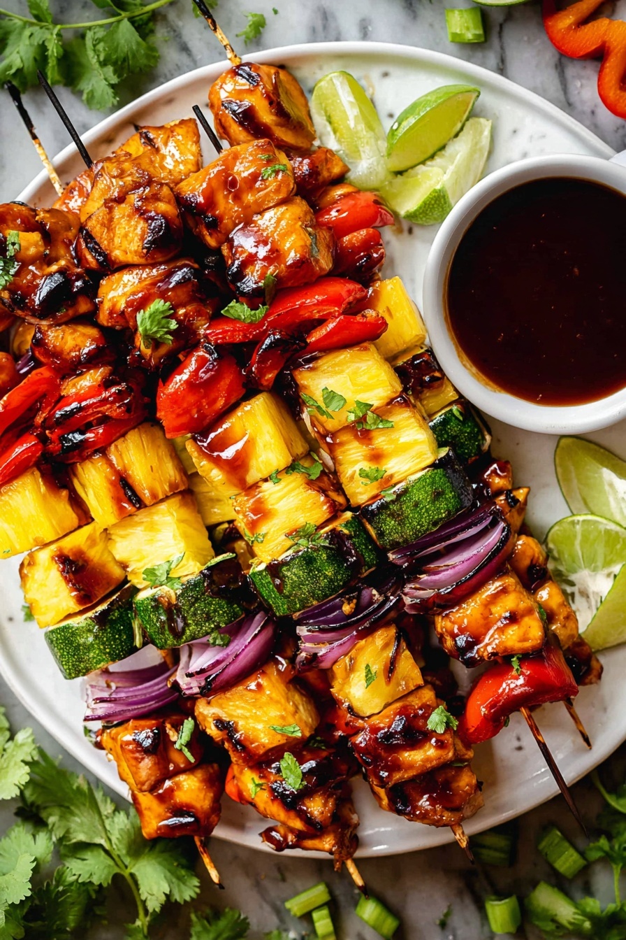 A white plate filled with five skewers of grilled chicken and vegetables, each skewer layered with shiny orange-brown glazed grilled chicken pieces, bright yellow grilled pineapple chunks, green zucchini pieces, deep red grilled peppers, and purple grilled onion slices, spaced evenly along metal sticks; fresh green cilantro leaves scattered on and around the skewers add a touch of brightness; a white bowl with dark reddish brown sauce sits on the plate’s right side next to wedges of light green lime; all placed on a white marbled texture surface photo taken with an iphone --ar 2:3 --v 7