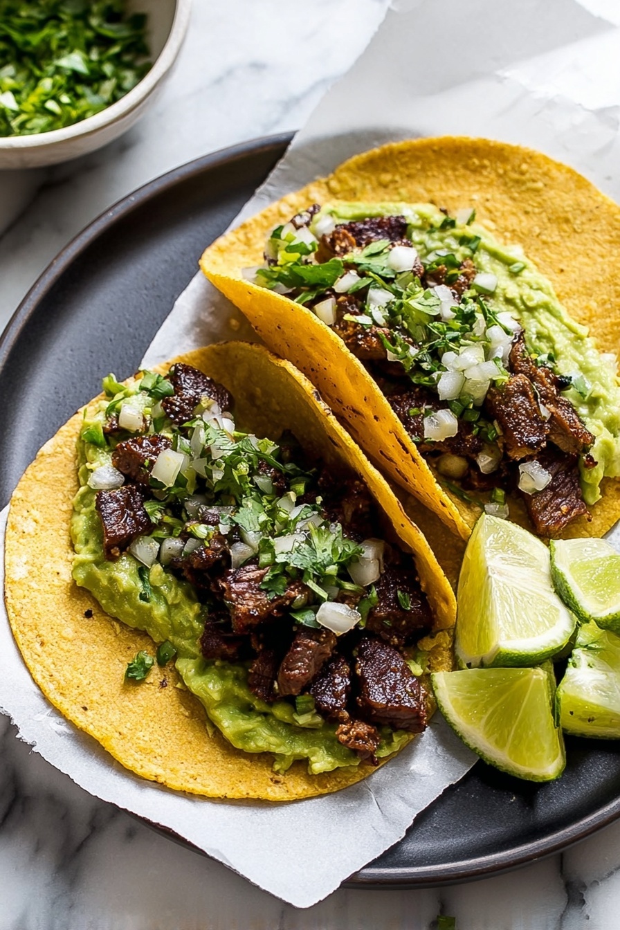 Two tacos sit side by side on a piece of white parchment paper over a white plate with a white marbled texture background. Each taco has a yellow corn tortilla as the base layer. On top, a layer of chunky green guacamole spreads unevenly. Above the guacamole, there are small cubes of cooked beef, dark brown with bits of pink inside, scattered evenly. Pieces of white onion and green cilantro leaves are sprinkled on the beef. To the right of the tacos, two lime wedges with light green skin rest on the parchment. In the top part of the image, a white bowl filled with chopped green cilantro is slightly visible. Photo taken with an iphone --ar 2:3 --v 7