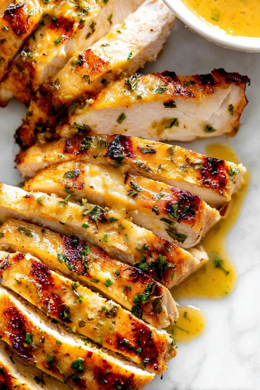 The image shows three grilled chicken pieces placed on a bed of mixed green salad leaves with some shredded carrots and purple cabbage scattered throughout. The chicken has a shiny, orange glaze with grill marks, and is sprinkled with chopped green herbs. To the side, there is a small clear glass bowl filled with a yellowish-orange sauce, sitting on the salad. The dish is served on a white plate, and the background is a white marbled surface. photo taken with an iphone --ar 2:3 --v 7